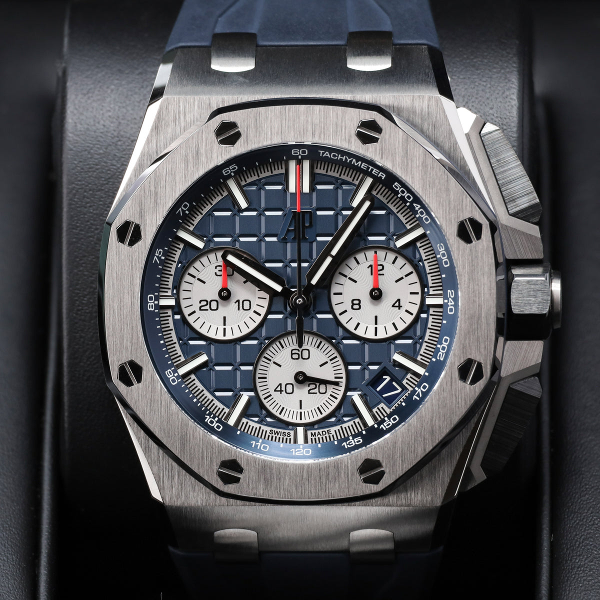 Audemars Piguet Royal Oak Offshore 2023 Complete 43mm Titanium Blue “Méga Tapisserie” Dial Titanium Bezel Blue Rubber Strap 26420TI