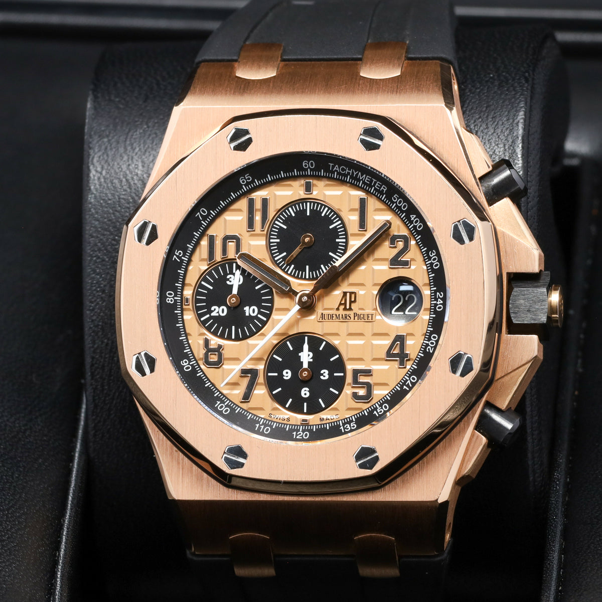 Audemars Piguet Royal Oak Offshore 42mm 18k Yellow Gold Champagne With Black Sub Dials 18k Yellow Gold Black Rubber Strap With Rose Gold Pin Buckle 26470OR