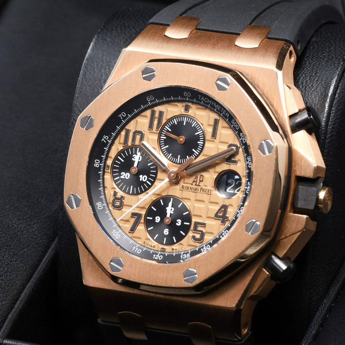 Audemars Piguet Royal Oak Offshore 42mm 18k Yellow Gold Champagne With Black Sub Dials 18k Yellow Gold Black Rubber Strap With Rose Gold Pin Buckle 26470OR
