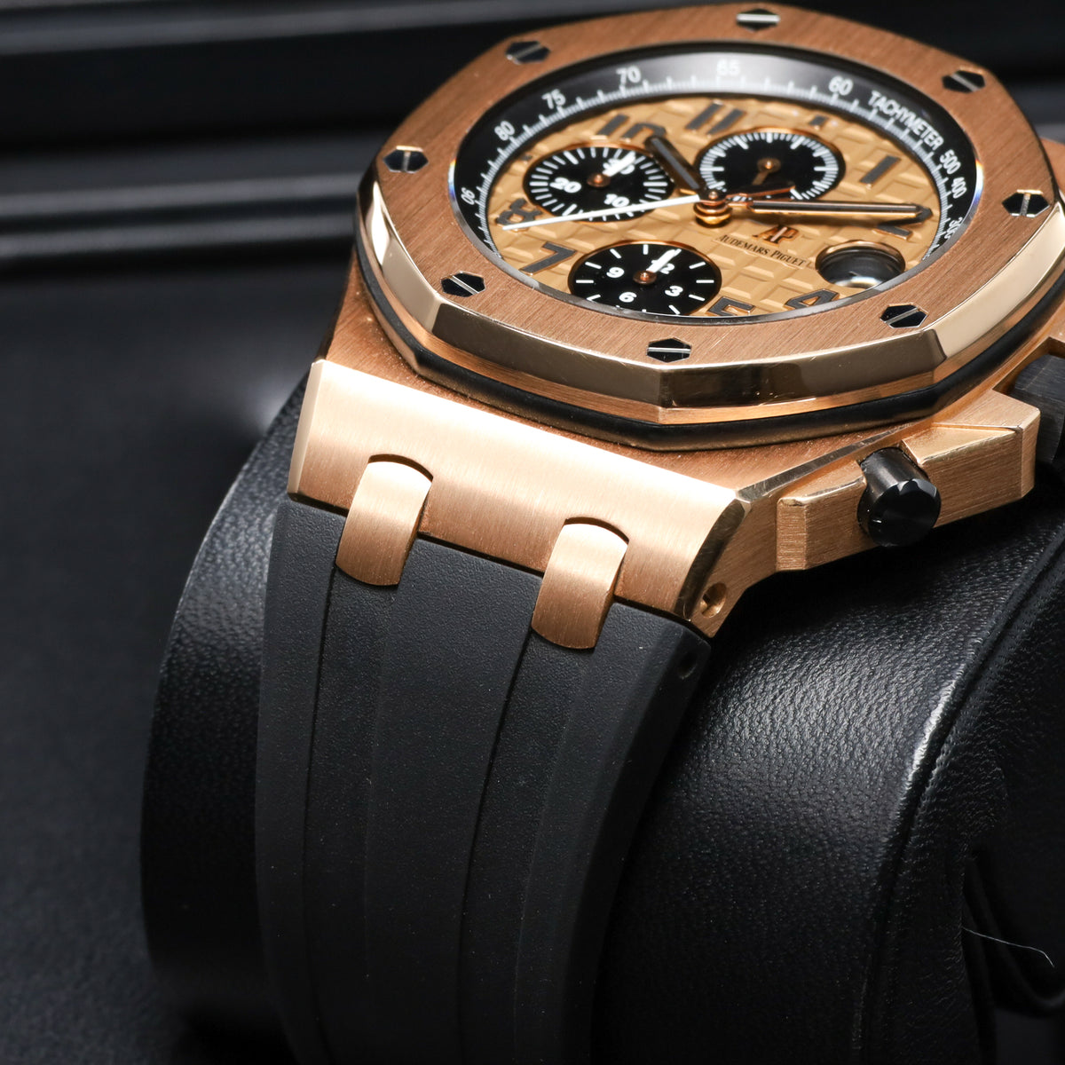 Audemars Piguet Royal Oak Offshore 42mm 18k Yellow Gold Champagne With Black Sub Dials 18k Yellow Gold Black Rubber Strap With Rose Gold Pin Buckle 26470OR