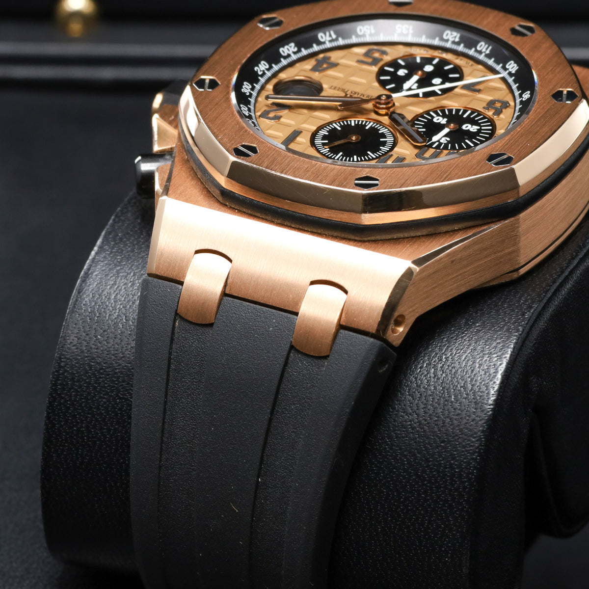 Audemars Piguet Royal Oak Offshore 42mm 18k Yellow Gold Champagne With Black Sub Dials 18k Yellow Gold Black Rubber Strap With Rose Gold Pin Buckle 26470OR