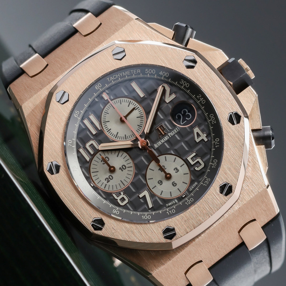Audemars Piguet Royal Oak 2019 Complete 42mm 18k Rose Gold Rhodium / Grey “Méga Tapisserie” Dial 18k Rose Gold Bezel Grey Alligator Leather Strap with Rose Gold Folding Clasp 26470OR.OO.A125CR.01