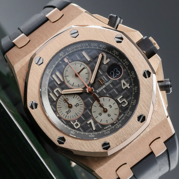 Audemars Piguet Royal Oak 2019 Complete 42mm 18k Rose Gold Rhodium / Grey “Méga Tapisserie” Dial 18k Rose Gold Bezel Grey Alligator Leather Strap with Rose Gold Folding Clasp 26470OR.OO.A125CR.01