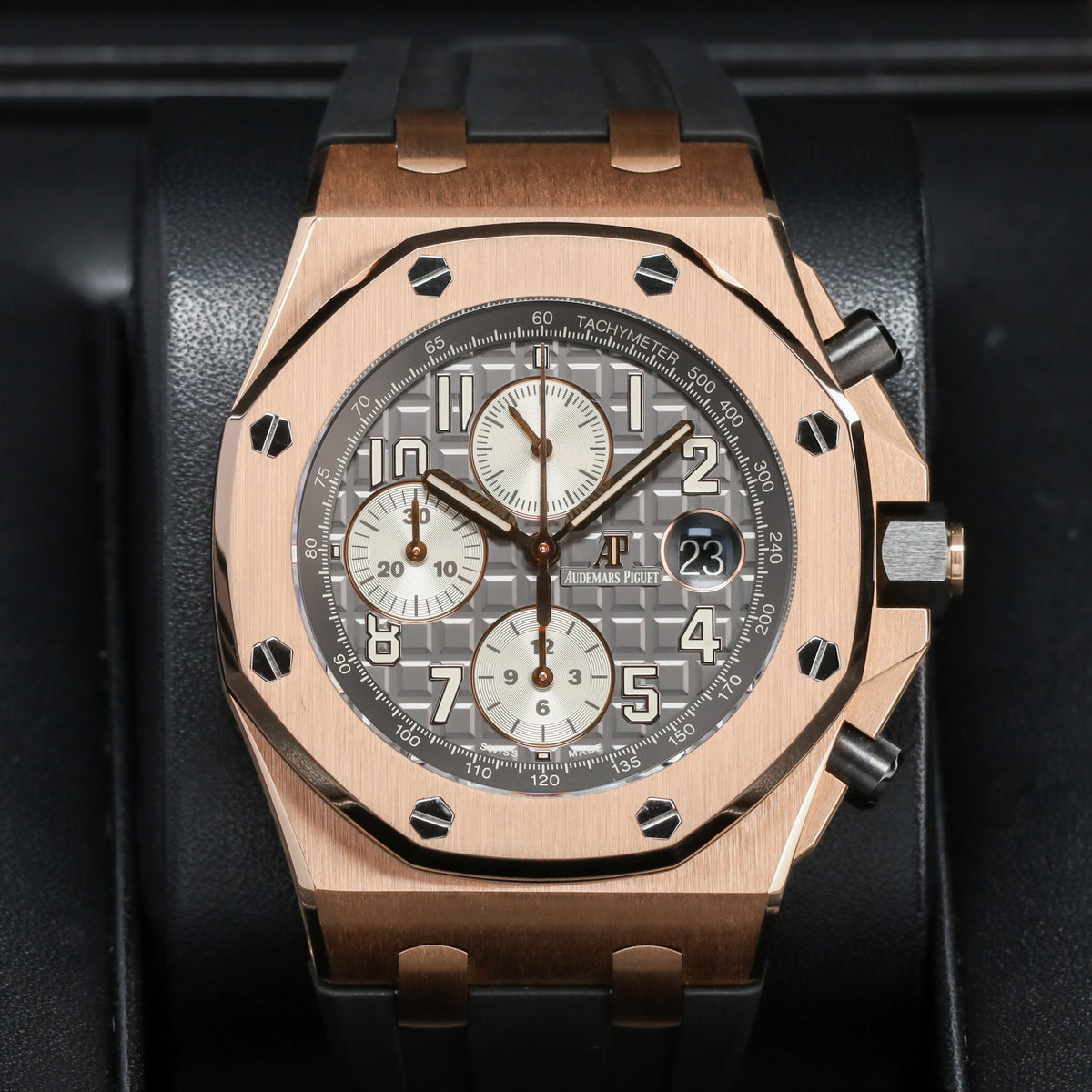 Audemars Piguet Royal Oak 2019 Complete 42mm 18k Rose Gold Rhodium / Grey “Méga Tapisserie” Dial 18k Rose Gold Bezel Grey Alligator Leather Strap with Rose Gold Folding Clasp 26470OR.OO.A125CR.01