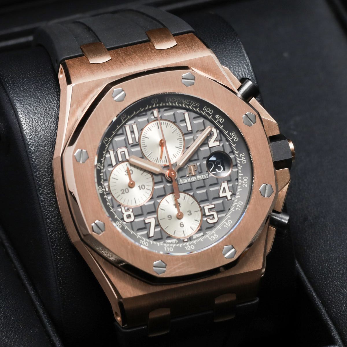 Audemars Piguet Royal Oak 2019 Complete 42mm 18k Rose Gold Rhodium / Grey “Méga Tapisserie” Dial 18k Rose Gold Bezel Grey Alligator Leather Strap with Rose Gold Folding Clasp 26470OR.OO.A125CR.01