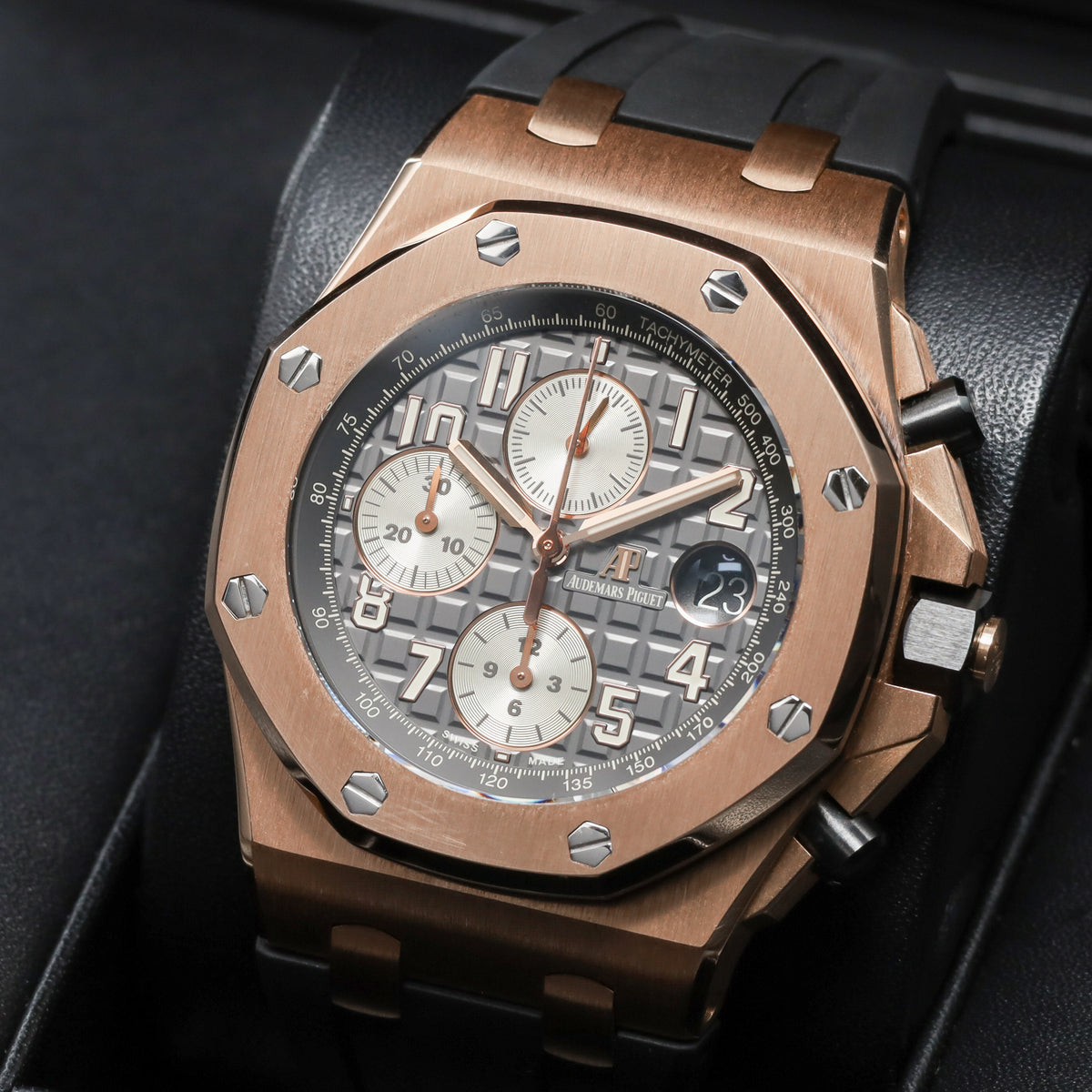 Audemars Piguet Royal Oak 2019 Complete 42mm 18k Rose Gold Rhodium / Grey “Méga Tapisserie” Dial 18k Rose Gold Bezel Grey Alligator Leather Strap with Rose Gold Folding Clasp 26470OR.OO.A125CR.01
