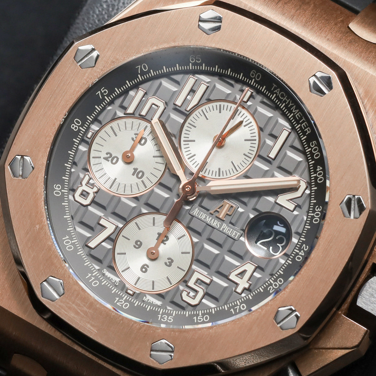 Audemars Piguet Royal Oak 2019 Complete 42mm 18k Rose Gold Rhodium / Grey “Méga Tapisserie” Dial 18k Rose Gold Bezel Grey Alligator Leather Strap with Rose Gold Folding Clasp 26470OR.OO.A125CR.01