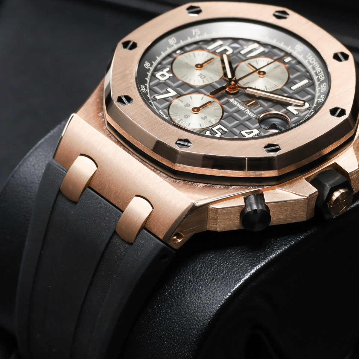 Audemars Piguet Royal Oak 2019 Complete 42mm 18k Rose Gold Rhodium / Grey “Méga Tapisserie” Dial 18k Rose Gold Bezel Grey Alligator Leather Strap with Rose Gold Folding Clasp 26470OR.OO.A125CR.01