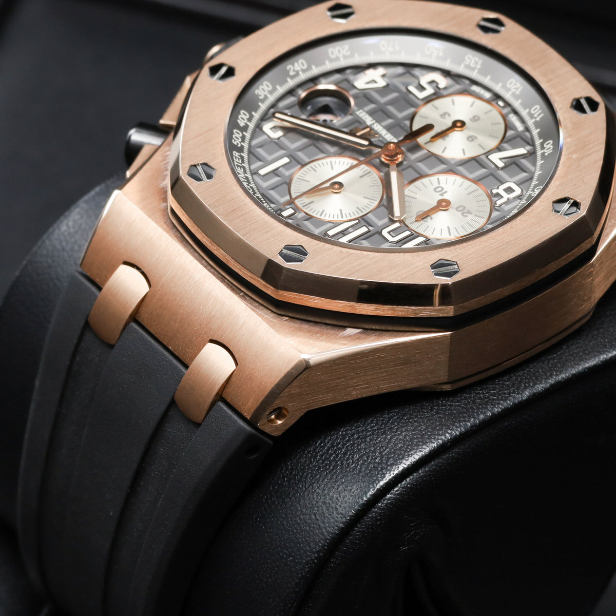 Audemars Piguet Royal Oak 2019 Complete 42mm 18k Rose Gold Rhodium / Grey “Méga Tapisserie” Dial 18k Rose Gold Bezel Grey Alligator Leather Strap with Rose Gold Folding Clasp 26470OR.OO.A125CR.01