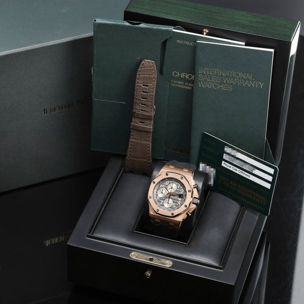 Audemars Piguet Royal Oak 2019 Complete 42mm 18k Rose Gold Rhodium / Grey “Méga Tapisserie” Dial 18k Rose Gold Bezel Grey Alligator Leather Strap with Rose Gold Folding Clasp 26470OR.OO.A125CR.01