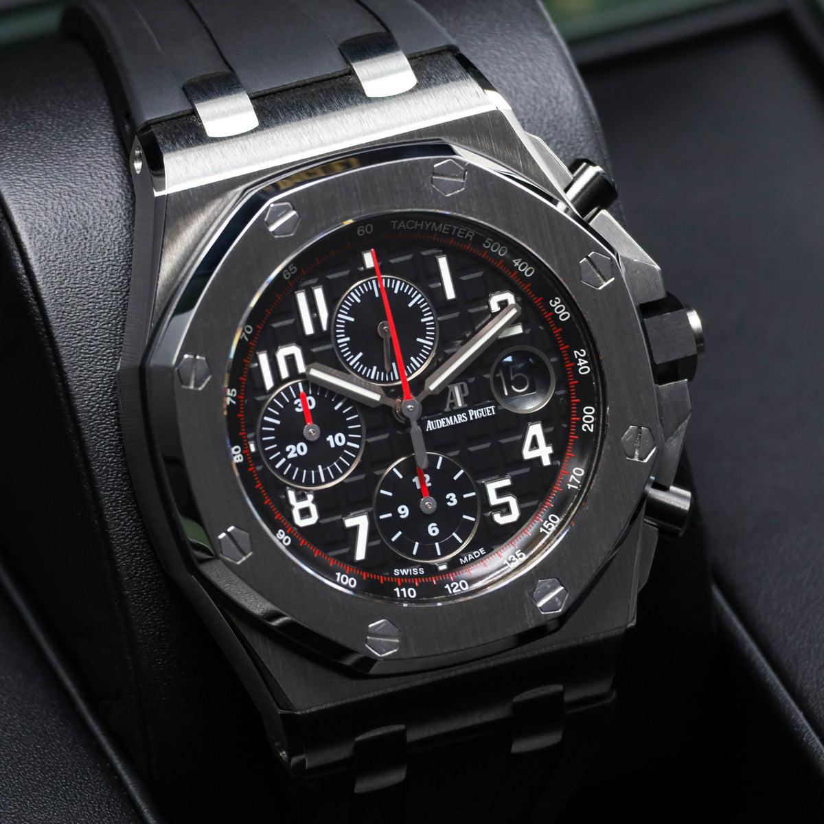 Audemars Piguet Royal Oak Offshore Vampire 42mm Stainless Steel Black With Red Accents Black Ceramic Bezel Black Rubber Strap 26470ST