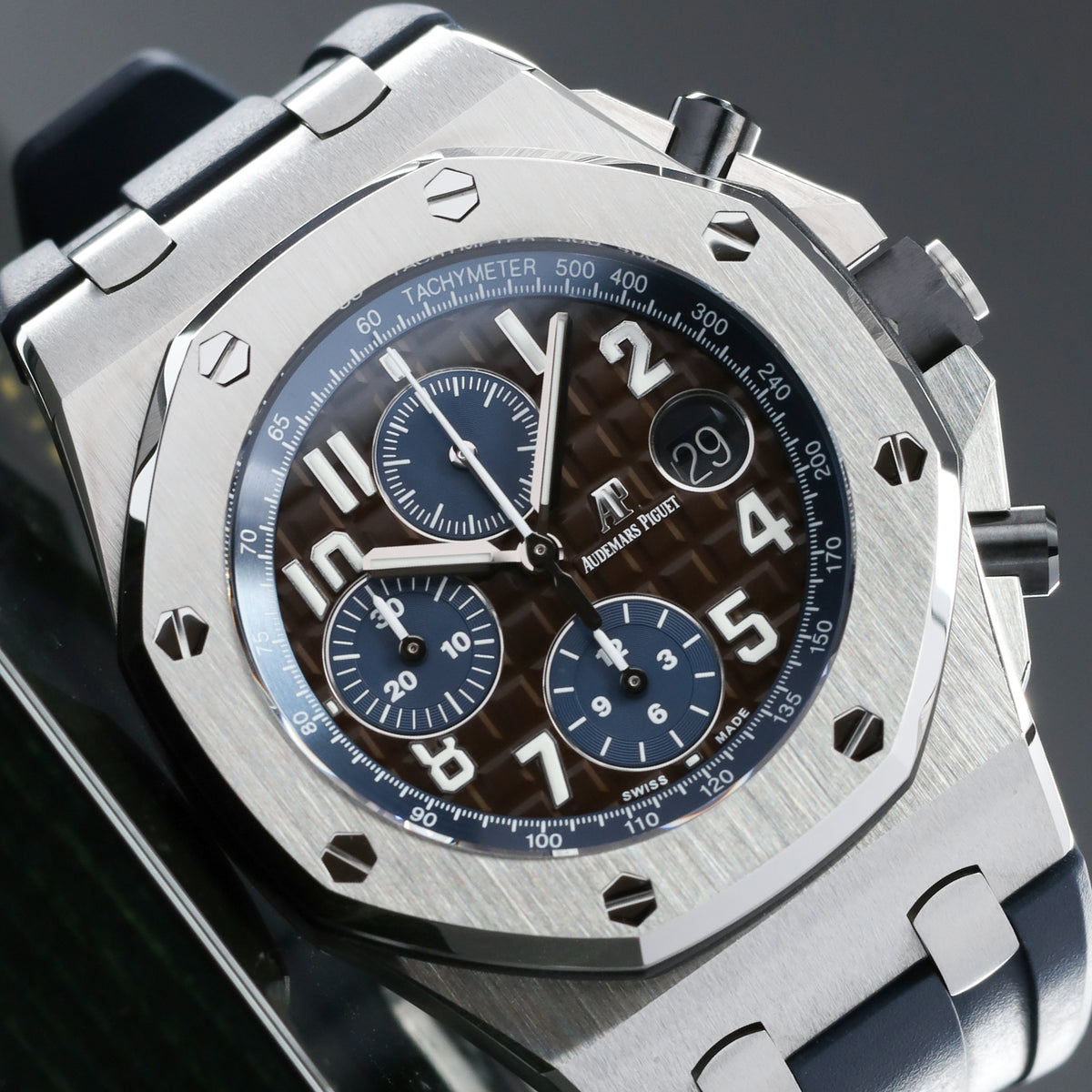 Audemars Piguet Royal Oak Offshore 2019 Complete 42mm Stainless Steel Brown “Méga Tapisserie” with Blue Accents Dial Stainless Steel Bezel Blue Rubber Strap with Stainless Steel Buckle 26470ST.OO.A099CR.01