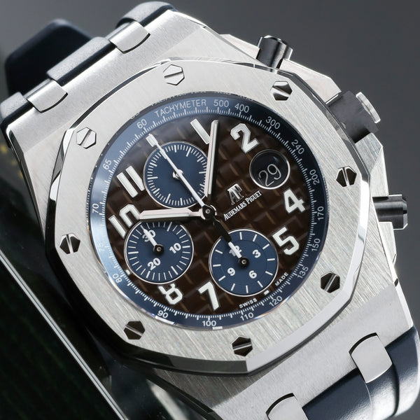 Audemars Piguet Royal Oak Offshore 2019 Complete 42mm Stainless Steel Brown “Méga Tapisserie” with Blue Accents Dial Stainless Steel Bezel Blue Rubber Strap with Stainless Steel Buckle 26470ST.OO.A099CR.01