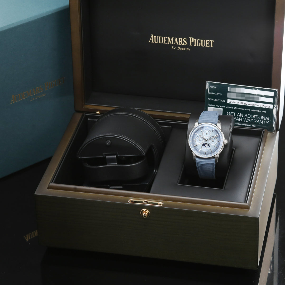 Audemars Piguet  Code 11.59 Complete 41mm 18k White Gold Smoked Blue Dial 18k White Gold Bezel Blue Textured Rubber Strap with Calfskin Lining and White Gold Folding Clasp 26494BC.OO.D350KB.01