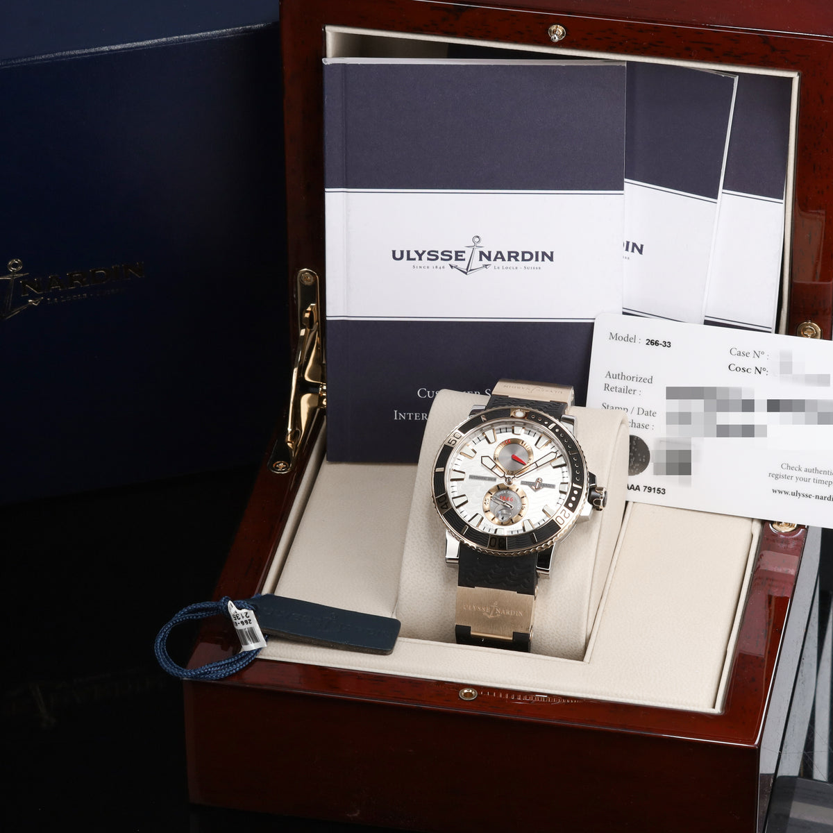 Ulysse Nardin Maxi Marine Diver 2016 Complete 43mm Titanium and 18k Rose Gold White Wave Dial Titanium with 18k Rose Gold Bezel Rubber Strap 265-90