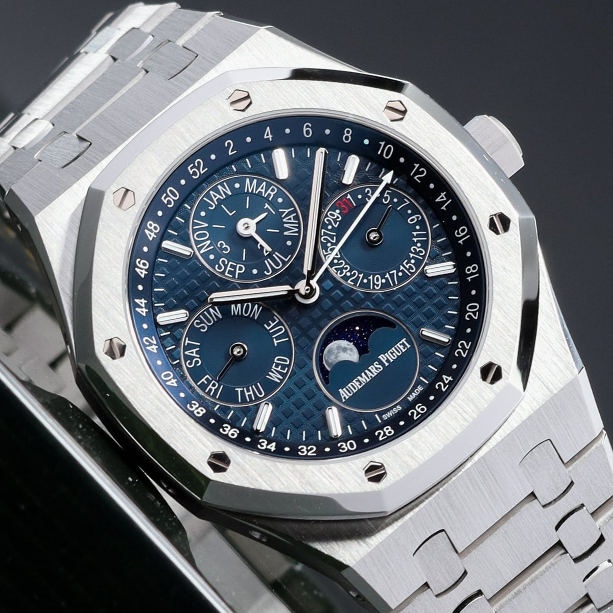 Audemars Piguet Royal Oak Perpetual Calendar 2021 Complete 41mm Blue Dial Steel Case Brushed Bezel 26574ST.OO.1220ST.02