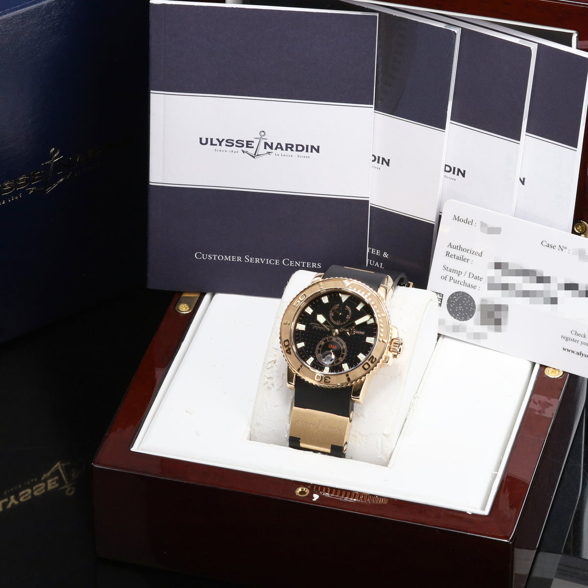 Ulysse Nardin Maxi Marine Diver 2016 Complete 42.7mm 18k Rose Gold Black Dial 18k Rose Gold with Black Insert Bezel Black Rubber Strap 266-33
