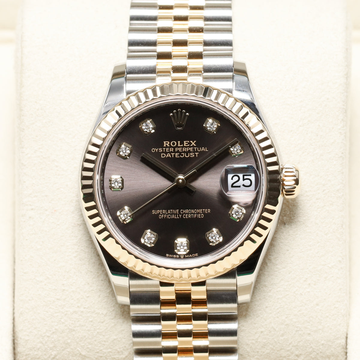 Rolex Datejust 2025 Complete 31mm Oystersteel and Yellow Gold Grey with Diamond Hour Markers Dial Yellow Gold Fluted Bezel Two-Tone Jubilee Bracelet 278273