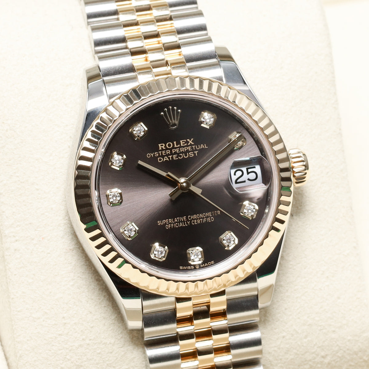 Rolex Datejust 2025 Complete 31mm Oystersteel and Yellow Gold Grey with Diamond Hour Markers Dial Yellow Gold Fluted Bezel Two-Tone Jubilee Bracelet 278273