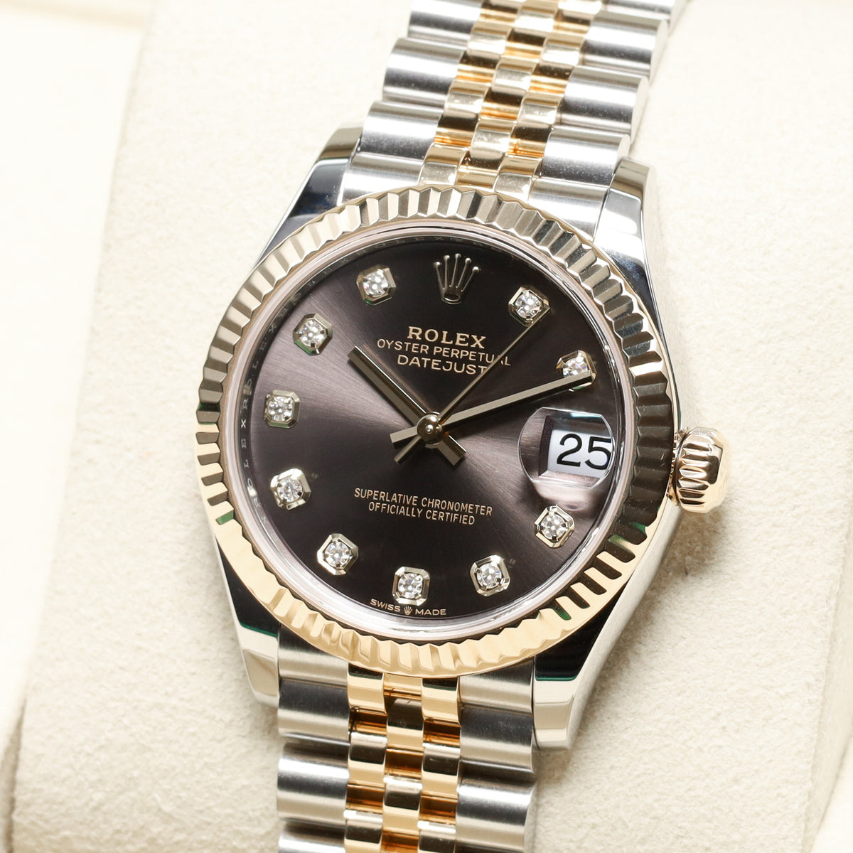 Rolex Datejust 2025 Complete 31mm Oystersteel and Yellow Gold Grey with Diamond Hour Markers Dial Yellow Gold Fluted Bezel Two-Tone Jubilee Bracelet 278273