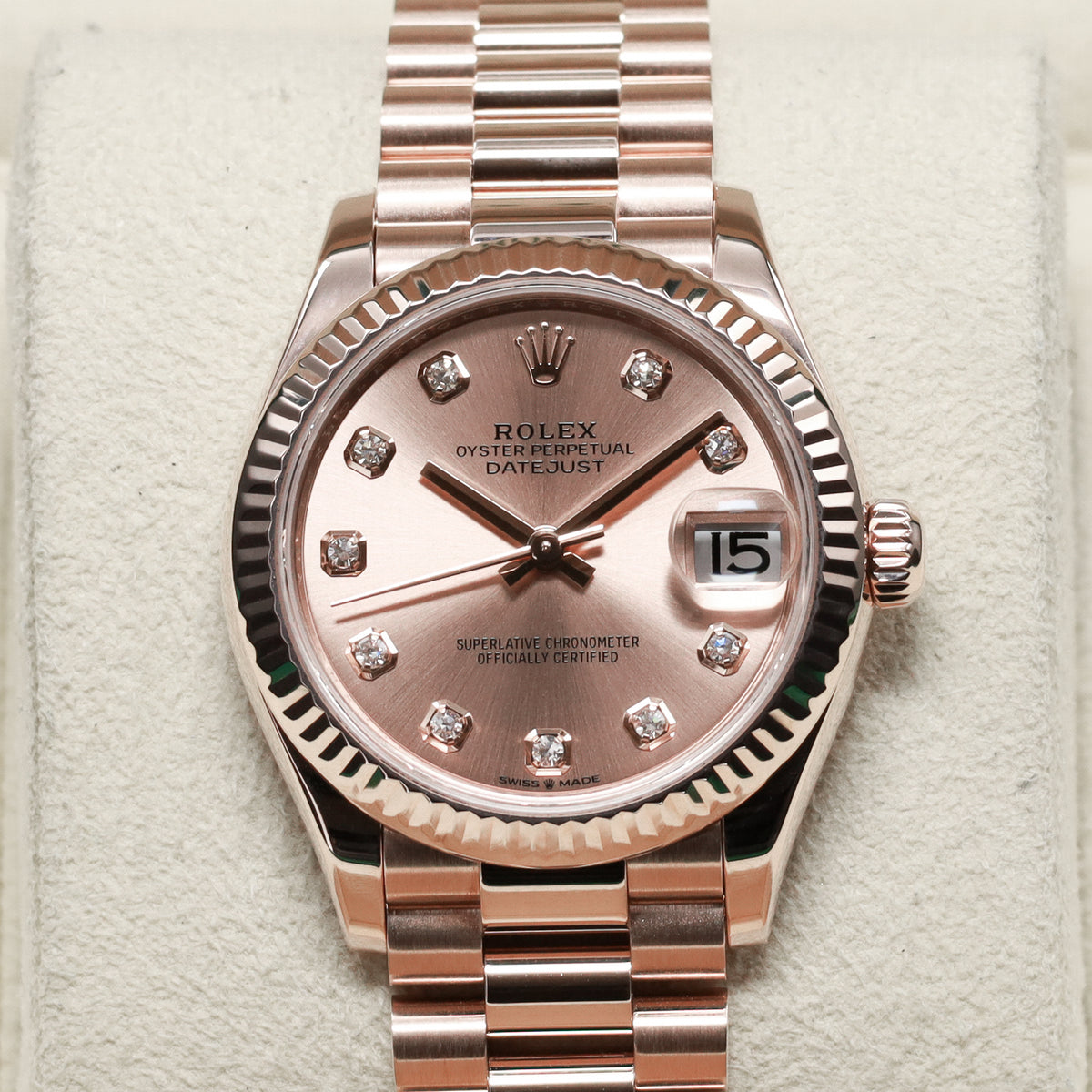 Rolex Datejst 2021 Complete 31mm 18k Everose Gold Rose Champagne Dial 18k Everose Gold Fluted Bezel President Bracelet 278275