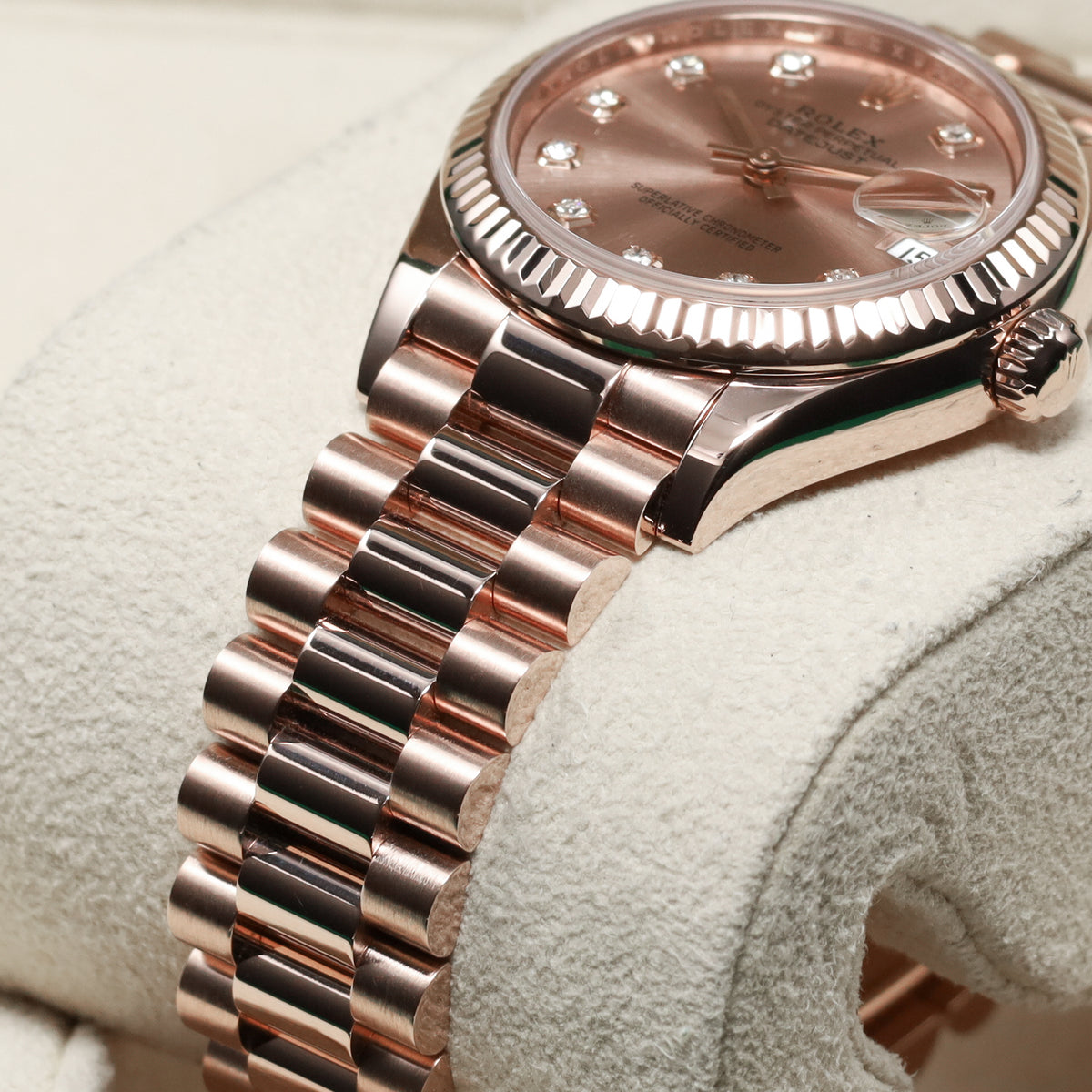 Rolex Datejst 2021 Complete 31mm 18k Everose Gold Rose Champagne Dial 18k Everose Gold Fluted Bezel President Bracelet 278275