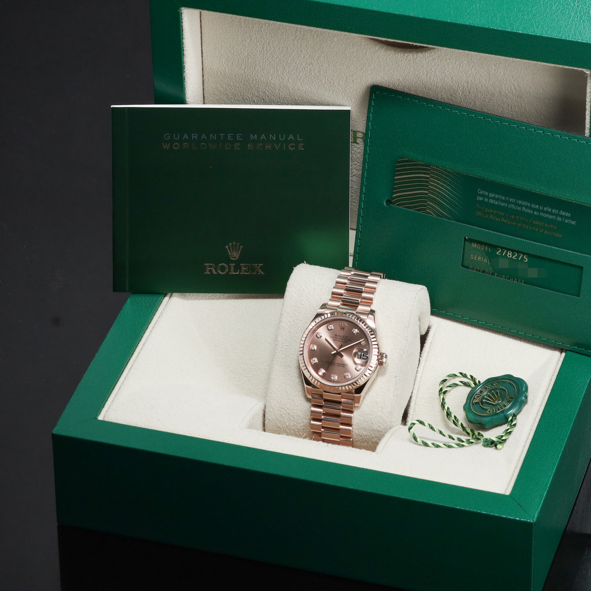Rolex Datejst 2021 Complete 31mm 18k Everose Gold Rose Champagne Dial 18k Everose Gold Fluted Bezel President Bracelet 278275