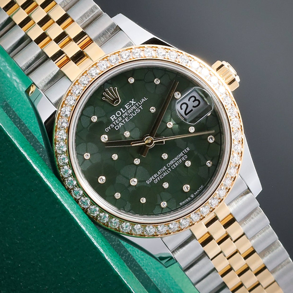 Rolex Datejust 31 Floral 2025 New 31mm Two Tone Green Diamond Dial Bezel Jubilee 278383RBR