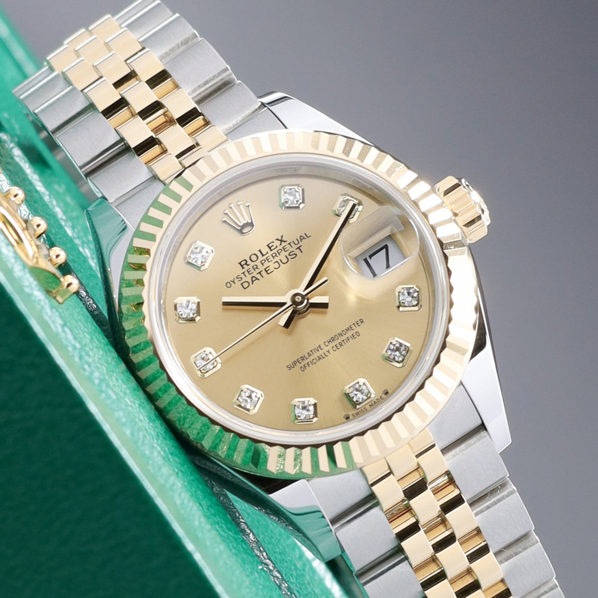 Rolex Datejust 2026 Complete 28mm Two Tone Champagne Diamond Dial Yellow Gold Fluted Bezel Jubilee Bracelet 279173