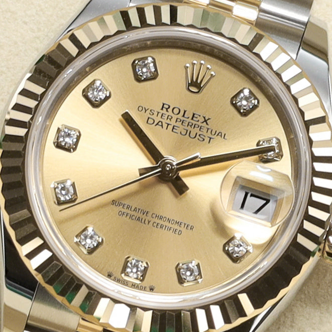 Rolex Datejust 2026 Complete 28mm Two Tone Champagne Diamond Dial Yellow Gold Fluted Bezel Jubilee Bracelet 279173