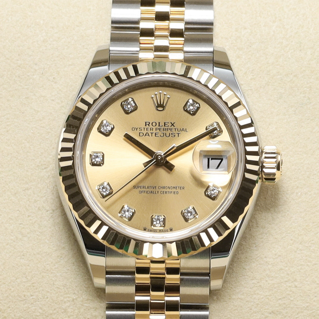 Rolex Datejust 2026 Complete 28mm Two Tone Champagne Diamond Dial Yellow Gold Fluted Bezel Jubilee Bracelet 279173