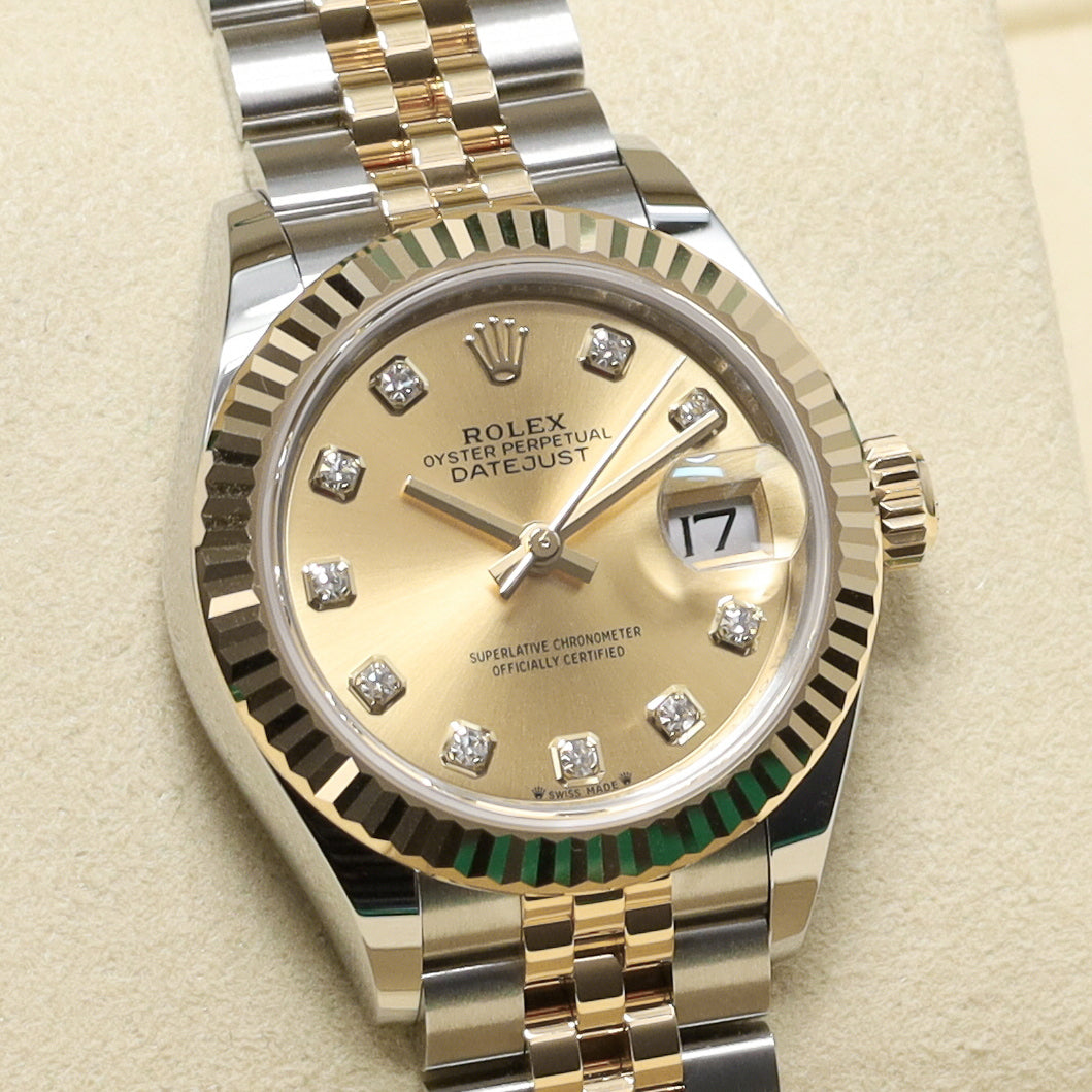Rolex Datejust 2026 Complete 28mm Two Tone Champagne Diamond Dial Yellow Gold Fluted Bezel Jubilee Bracelet 279173