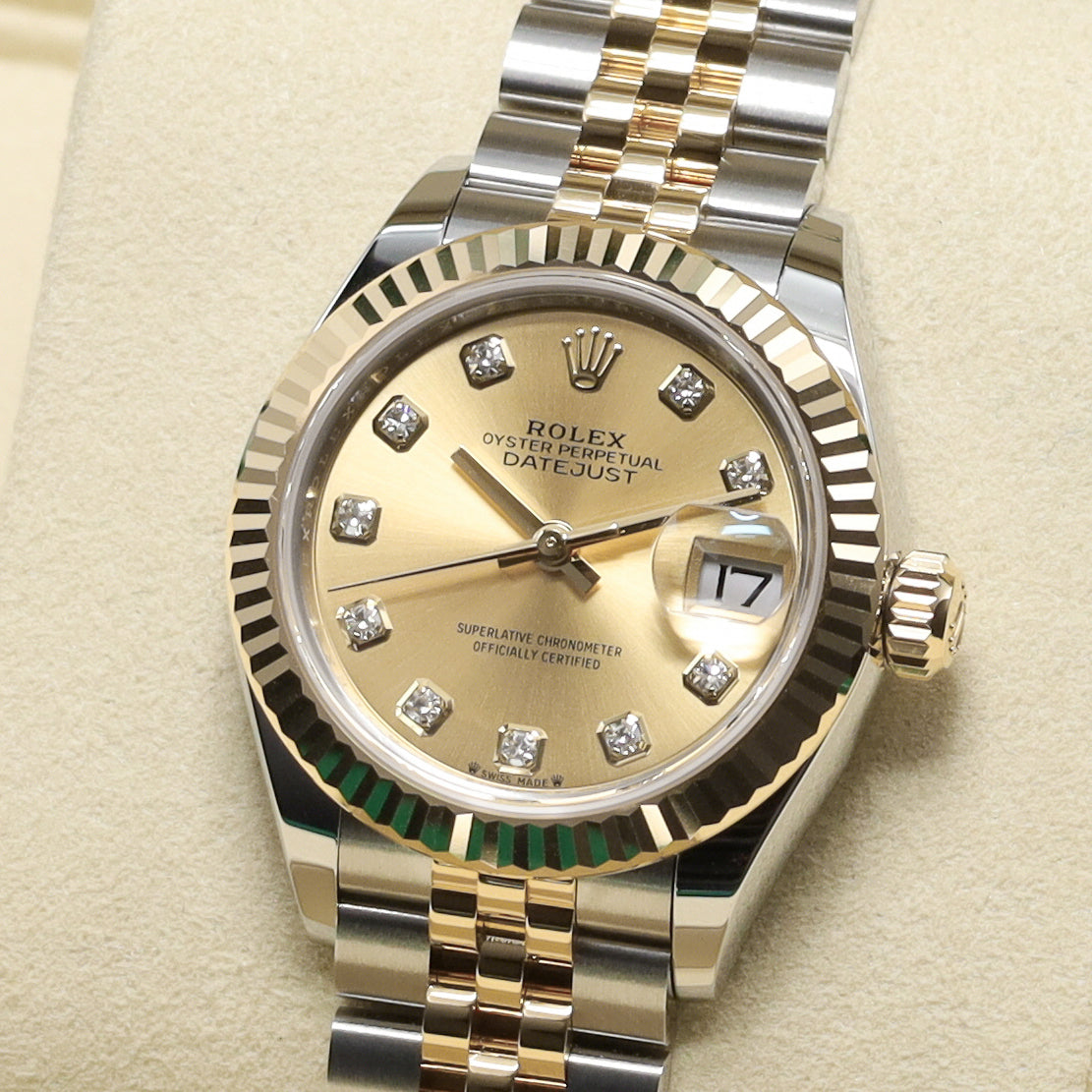Rolex Datejust 2026 Complete 28mm Two Tone Champagne Diamond Dial Yellow Gold Fluted Bezel Jubilee Bracelet 279173