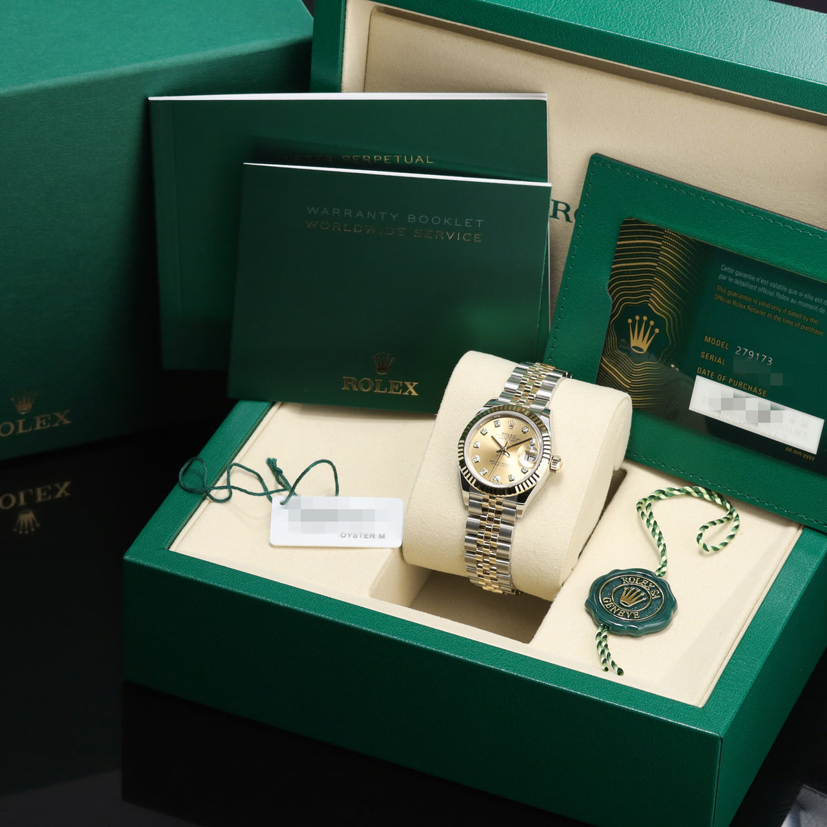 Rolex Datejust 2026 Complete 28mm Two Tone Champagne Diamond Dial Yellow Gold Fluted Bezel Jubilee Bracelet 279173