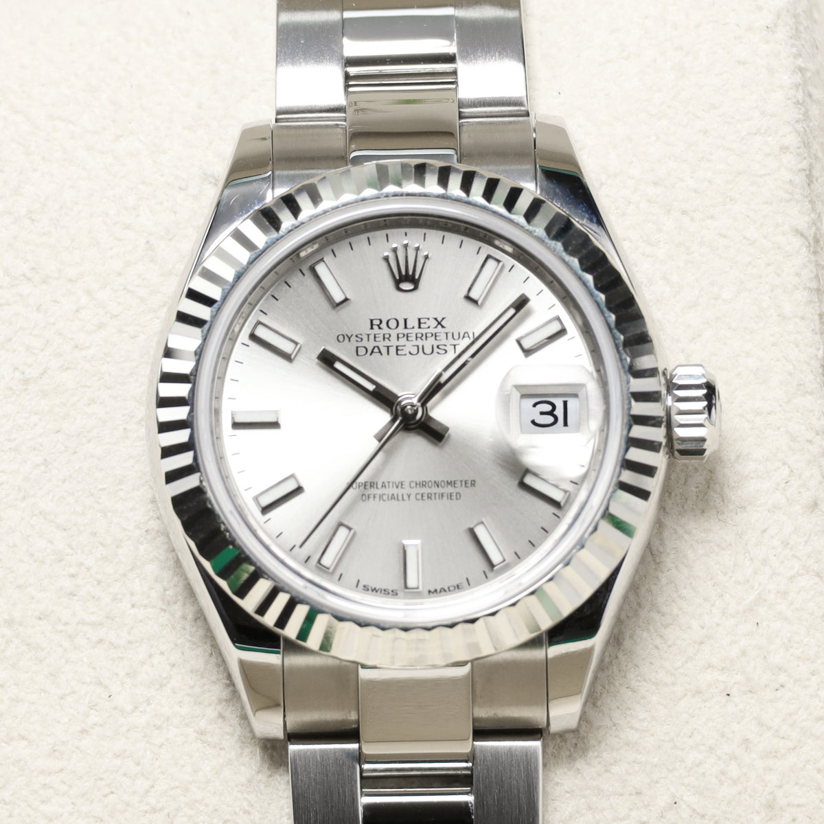 Rolex Datejust 28mm Oystersteel Silver Dial 18k White Gold Fluted Bezel Jubilee Bracelet 279174