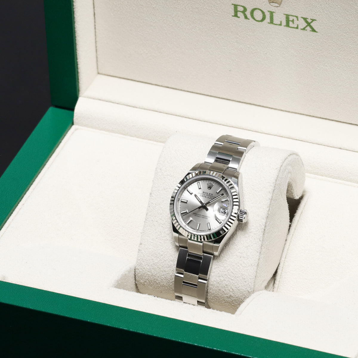 Rolex Datejust 28mm Oystersteel Silver Dial 18k White Gold Fluted Bezel Jubilee Bracelet 279174