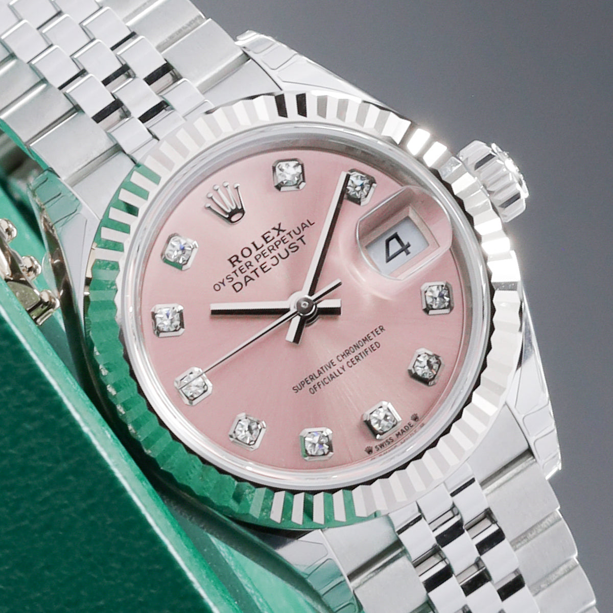 Rolex Datejust 2026 Complete 28mm Oystersteel and 18k White Gold Pink with Diamond Hour Markers Dial 18k White Gold Fluted Bezel Oystersteel Bracelet Oyster or Jubilee 279174