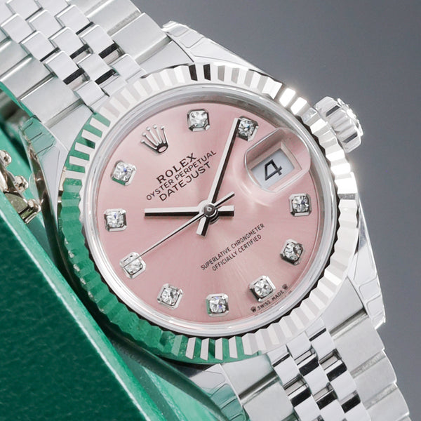Rolex Datejust 2026 Complete 28mm Oystersteel and 18k White Gold Pink with Diamond Hour Markers Dial 18k White Gold Fluted Bezel Oystersteel Bracelet Oyster or Jubilee 279174
