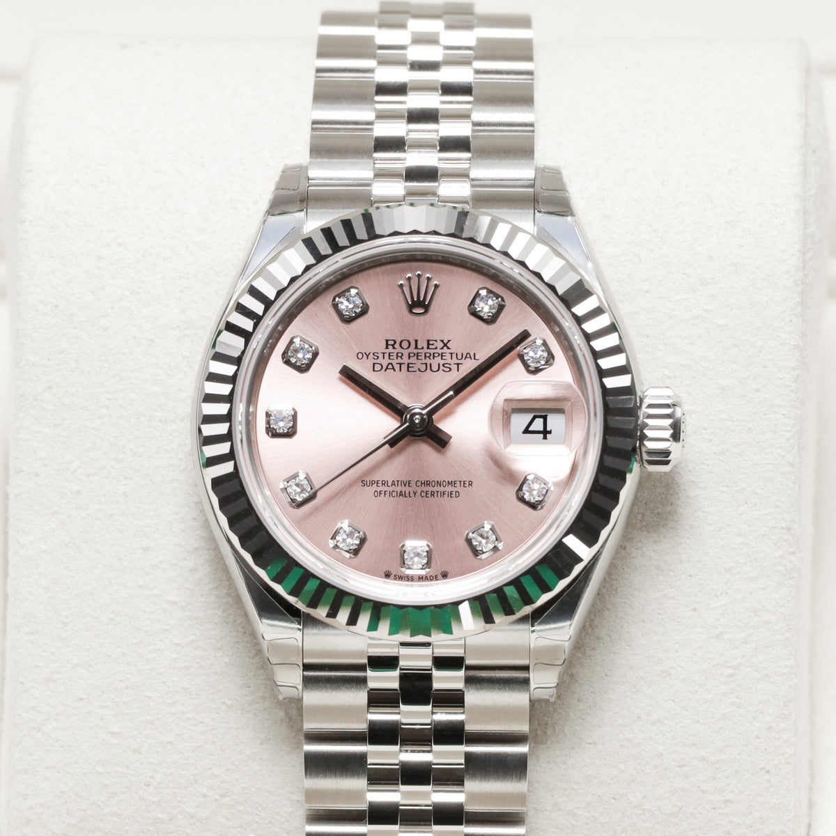 Rolex Datejust 2026 Complete 28mm Oystersteel and 18k White Gold Pink with Diamond Hour Markers Dial 18k White Gold Fluted Bezel Oystersteel Bracelet Oyster or Jubilee 279174