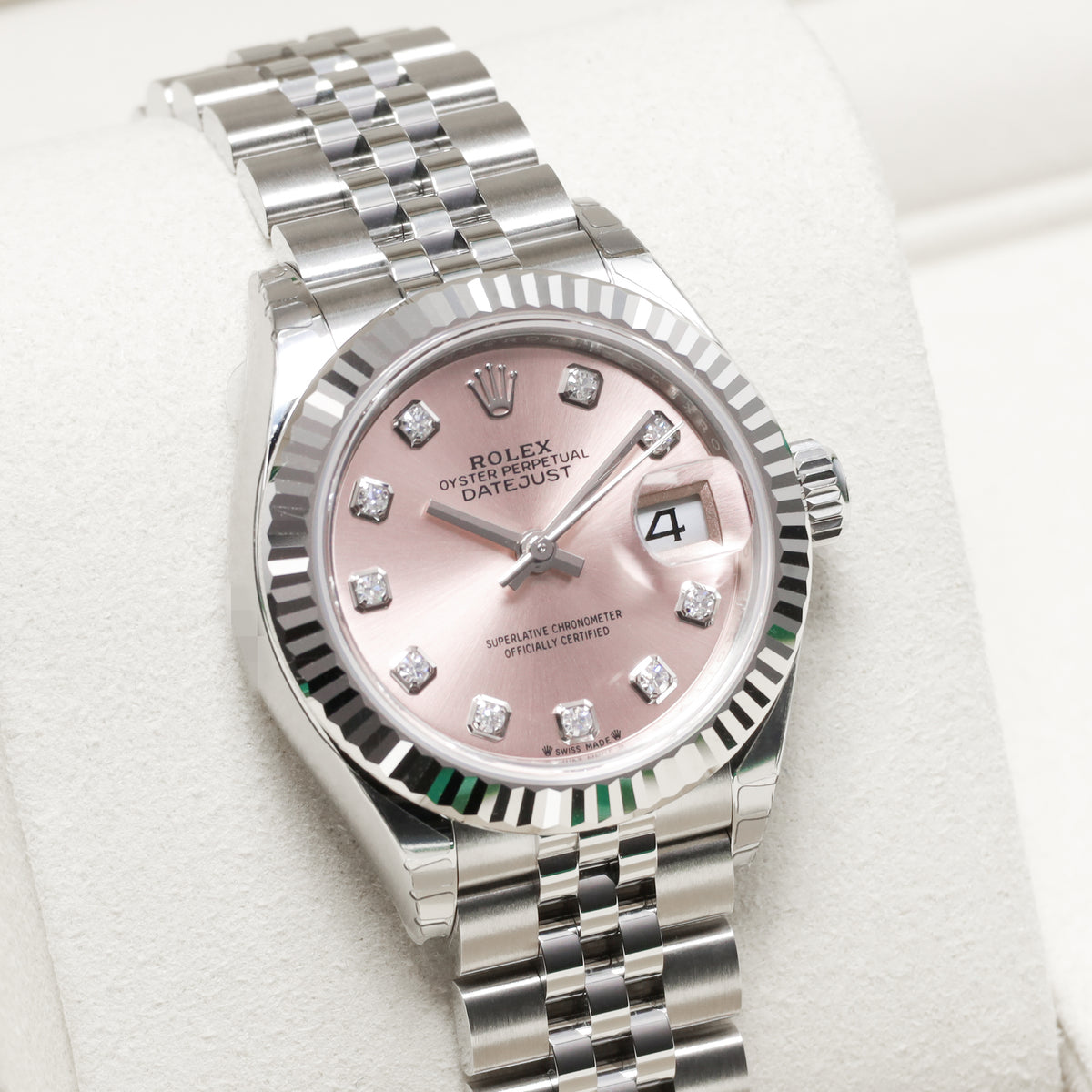 Rolex Datejust 2026 Complete 28mm Oystersteel and 18k White Gold Pink with Diamond Hour Markers Dial 18k White Gold Fluted Bezel Oystersteel Bracelet Oyster or Jubilee 279174