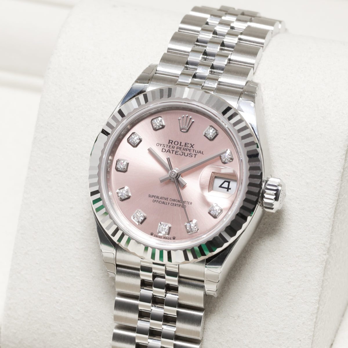 Rolex Datejust 2026 Complete 28mm Oystersteel and 18k White Gold Pink with Diamond Hour Markers Dial 18k White Gold Fluted Bezel Oystersteel Bracelet Oyster or Jubilee 279174
