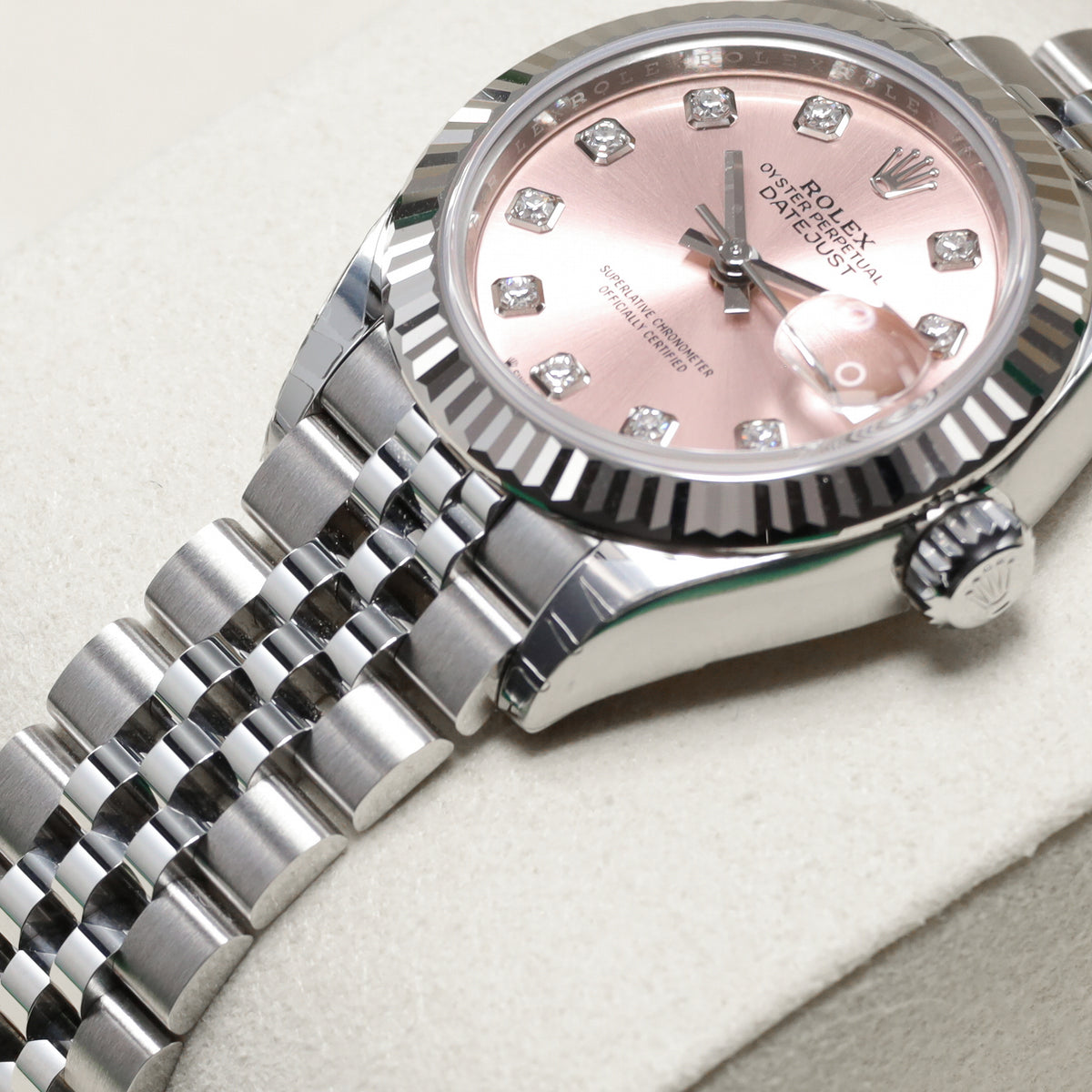 Rolex Datejust 2026 Complete 28mm Oystersteel and 18k White Gold Pink with Diamond Hour Markers Dial 18k White Gold Fluted Bezel Oystersteel Bracelet Oyster or Jubilee 279174