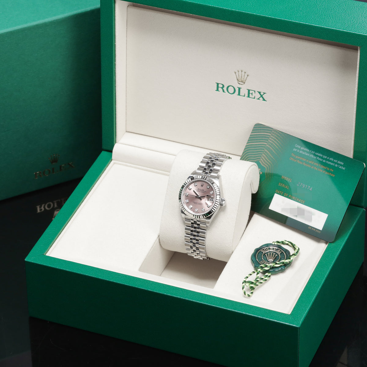 Rolex Datejust 2026 Complete 28mm Oystersteel and 18k White Gold Pink with Diamond Hour Markers Dial 18k White Gold Fluted Bezel Oystersteel Bracelet Oyster or Jubilee 279174