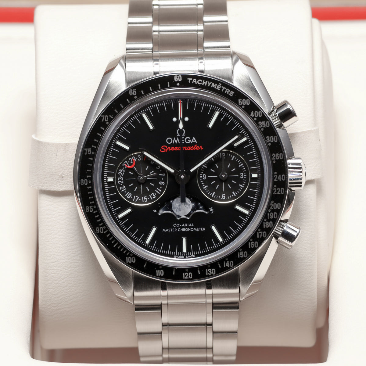 Omega Speedmaster Moonphase Moonwatch Moonphase 2023 Complete 44mm Steel Case Black Dial Black Ceramic Bezel Bracelet 304.30.44.52.01.001