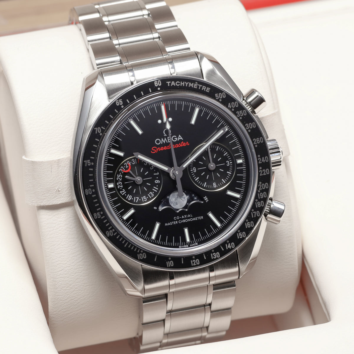 Omega Speedmaster Moonphase Moonwatch Moonphase 2023 Complete 44mm Steel Case Black Dial Black Ceramic Bezel Bracelet 304.30.44.52.01.001