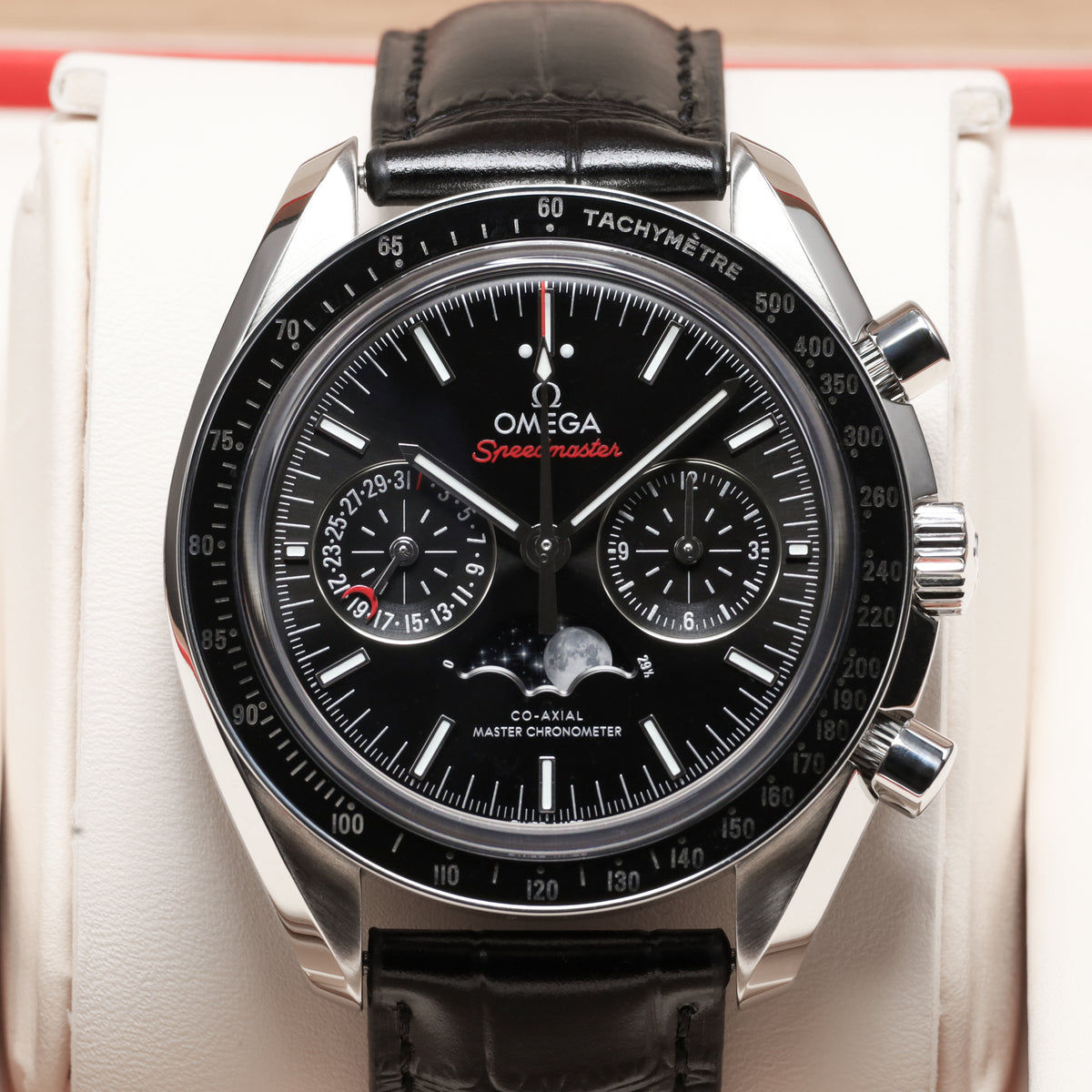 Omega Speedmaster 2022 Complete 44.25mm Stainless Steel Black Dial Black Ceramic Tachymeter Bezel Black Leather Strap with Stainless Steel Folding Clasp 304.33.44.52.01.001