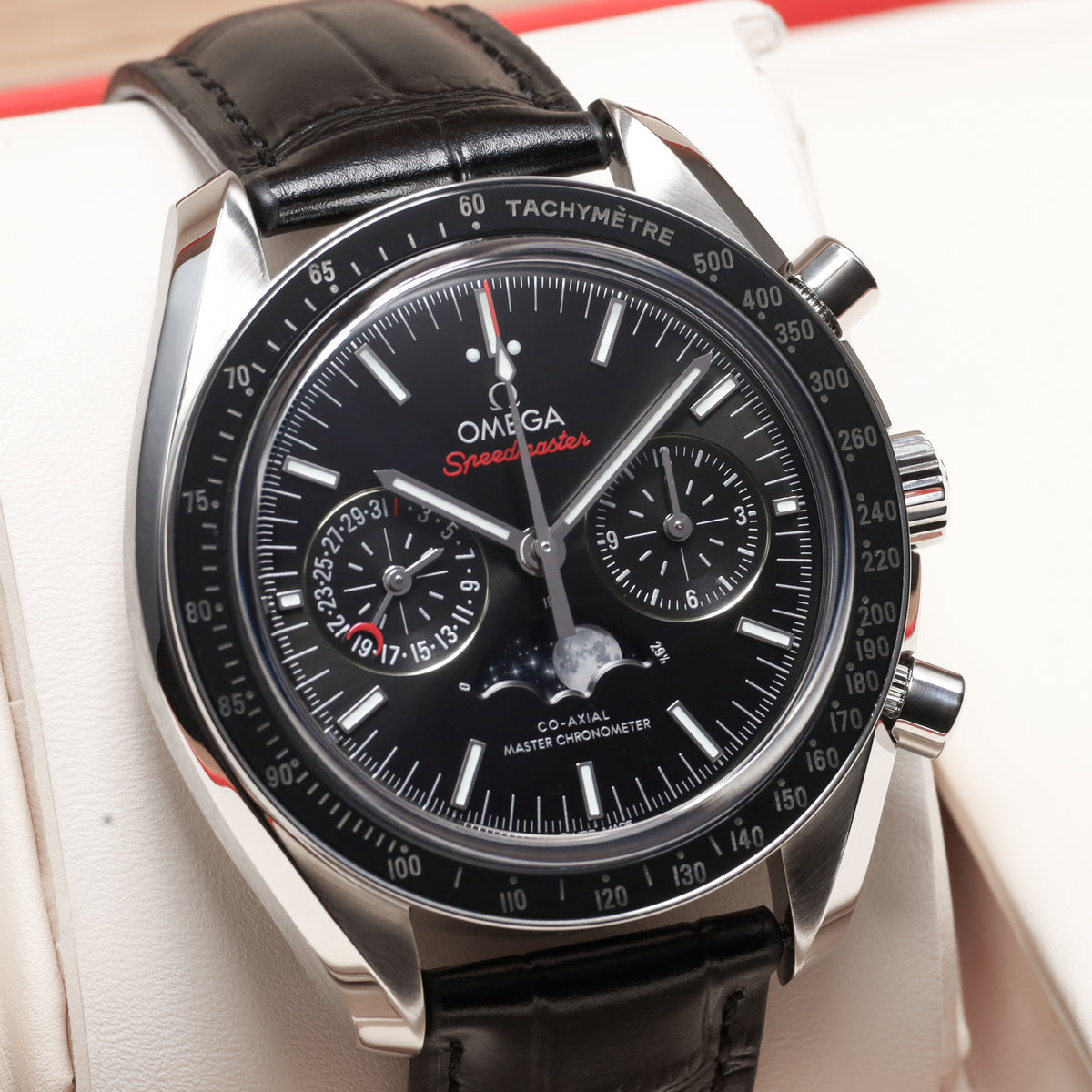 Omega Speedmaster 2022 Complete 44.25mm Stainless Steel Black Dial Black Ceramic Tachymeter Bezel Black Leather Strap with Stainless Steel Folding Clasp 304.33.44.52.01.001