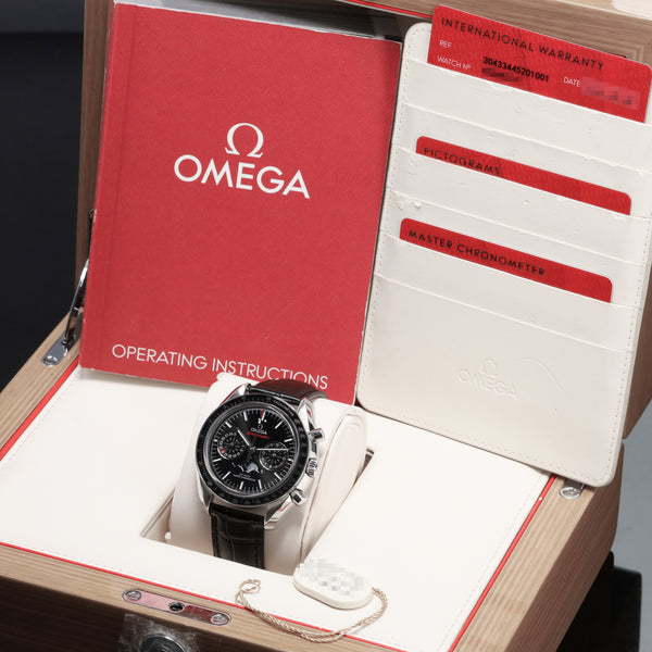 Omega Speedmaster 2022 Complete 44.25mm Stainless Steel Black Dial Black Ceramic Tachymeter Bezel Black Leather Strap with Stainless Steel Folding Clasp 304.33.44.52.01.001