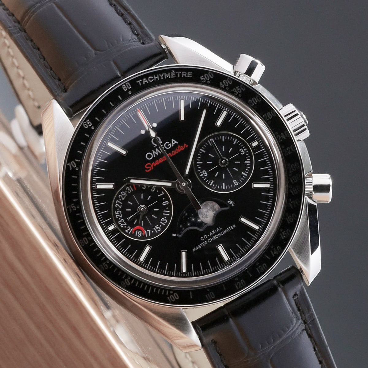 Omega Speedmaster 2022 Complete 44.25mm Stainless Steel Black Dial Black Ceramic Tachymeter Bezel Black Leather Strap with Stainless Steel Folding Clasp 304.33.44.52.01.001