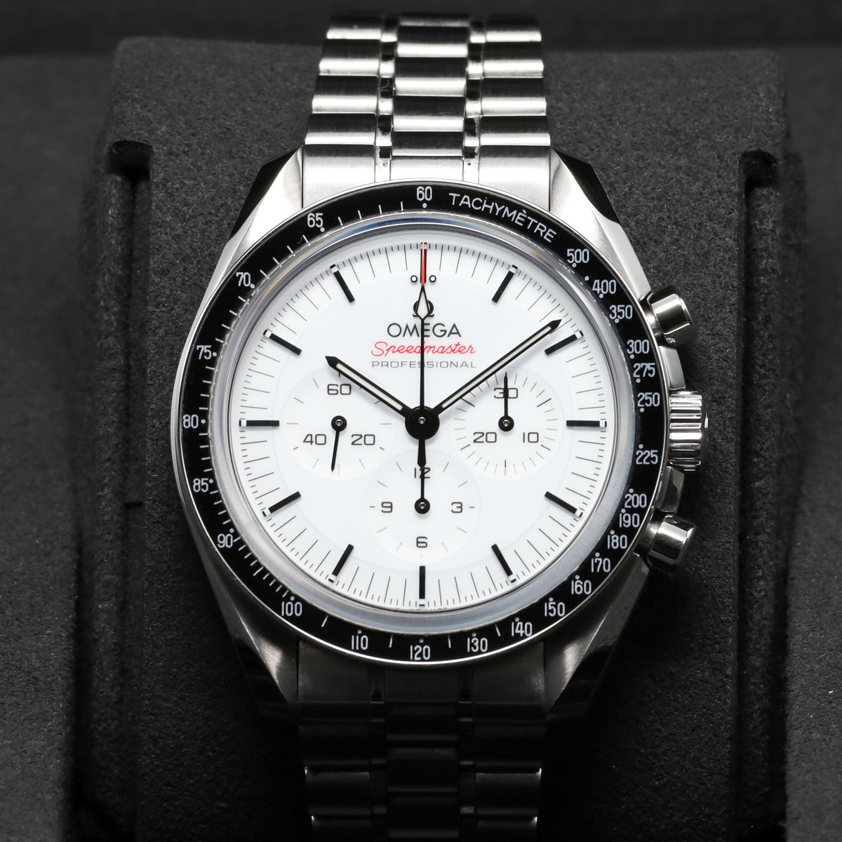 Omega Speedmaster 2026 42mm Stainless Steel  White Lacquered Dial with Black Accents Fixed Black Anodized Aluminum Tachymeter Bezel  Stainless Steel Five-Link Bracelet with Foldover Clasp 310.30.42.50.04.001
